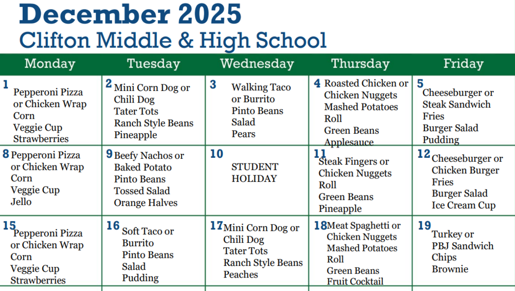 CMS and CHS December Lunch Menu