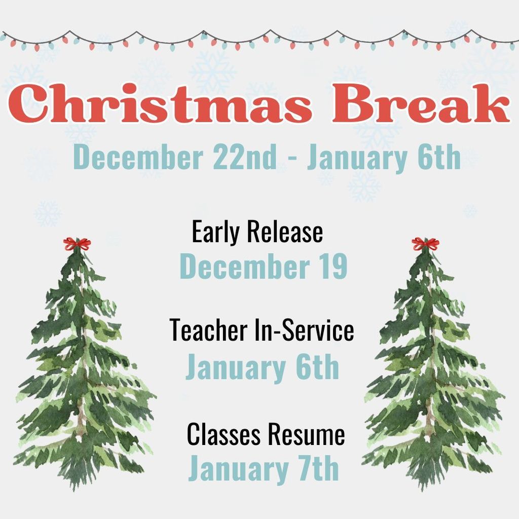 Christmas Break Reminder. grey background with trees and lights at the top.