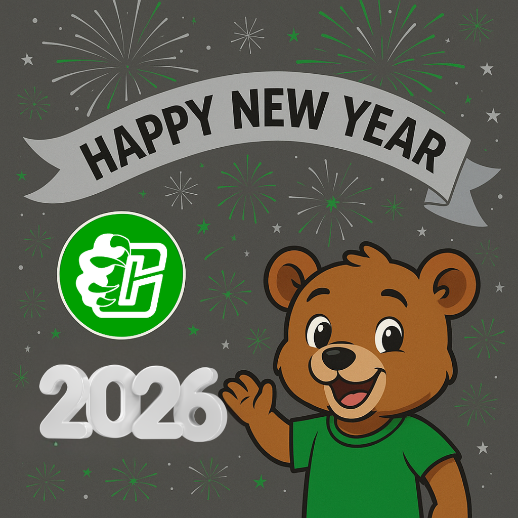 Happy New Year grey and green fireworks with a kelly green clifton logo and a bear with a green shirt on