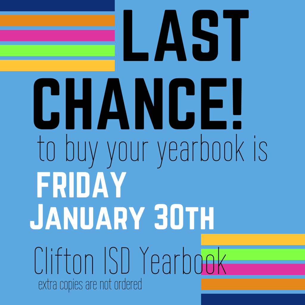 Bright blue background with a variety of neon stripes in corners. Text matches post in regards to the yearbook ordering deadline.