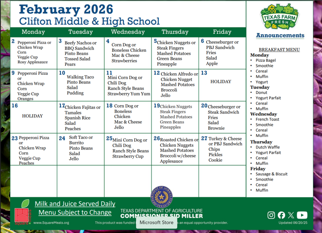 CMS and CHS Dining Menu February 2026