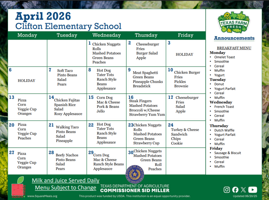 Clifton Elementary School Lunch Menu