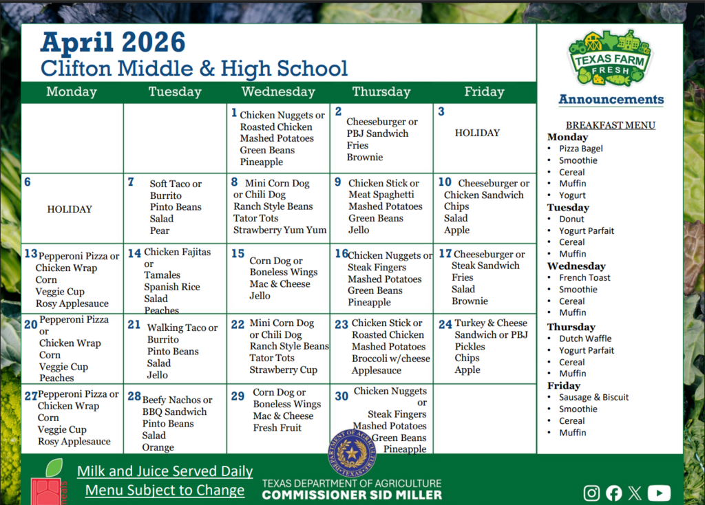 Clifton Middle & High School Lunch Menu