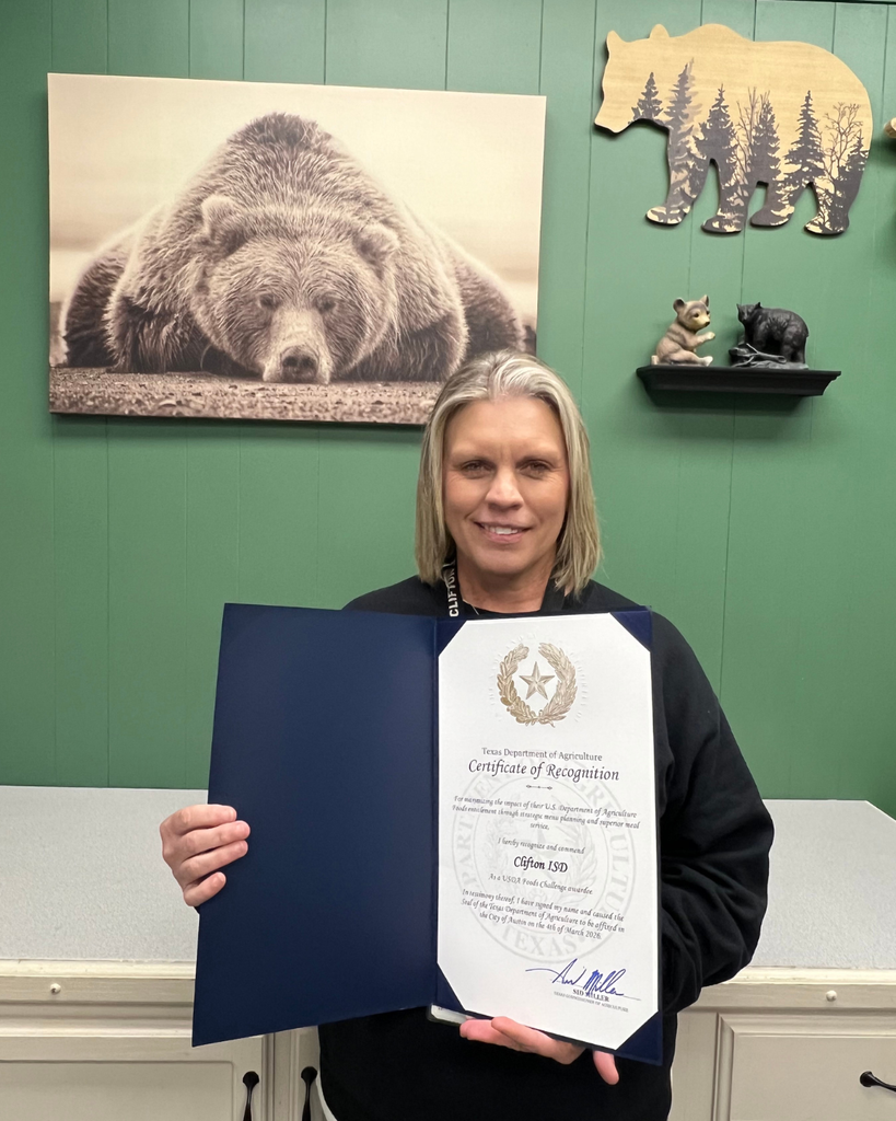 CISD Food Service Director, Jennifer Petty received notification on Friday, May 1st for Texas Dept. of Ag for certificate of recognition.