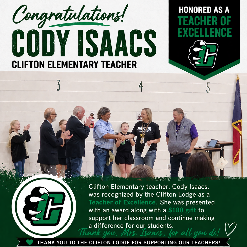 Cody Isaacs, a Clifton Elementary teacher, is presented the Teacher of Excellence award by a community member as students and staff stand nearby applauding.