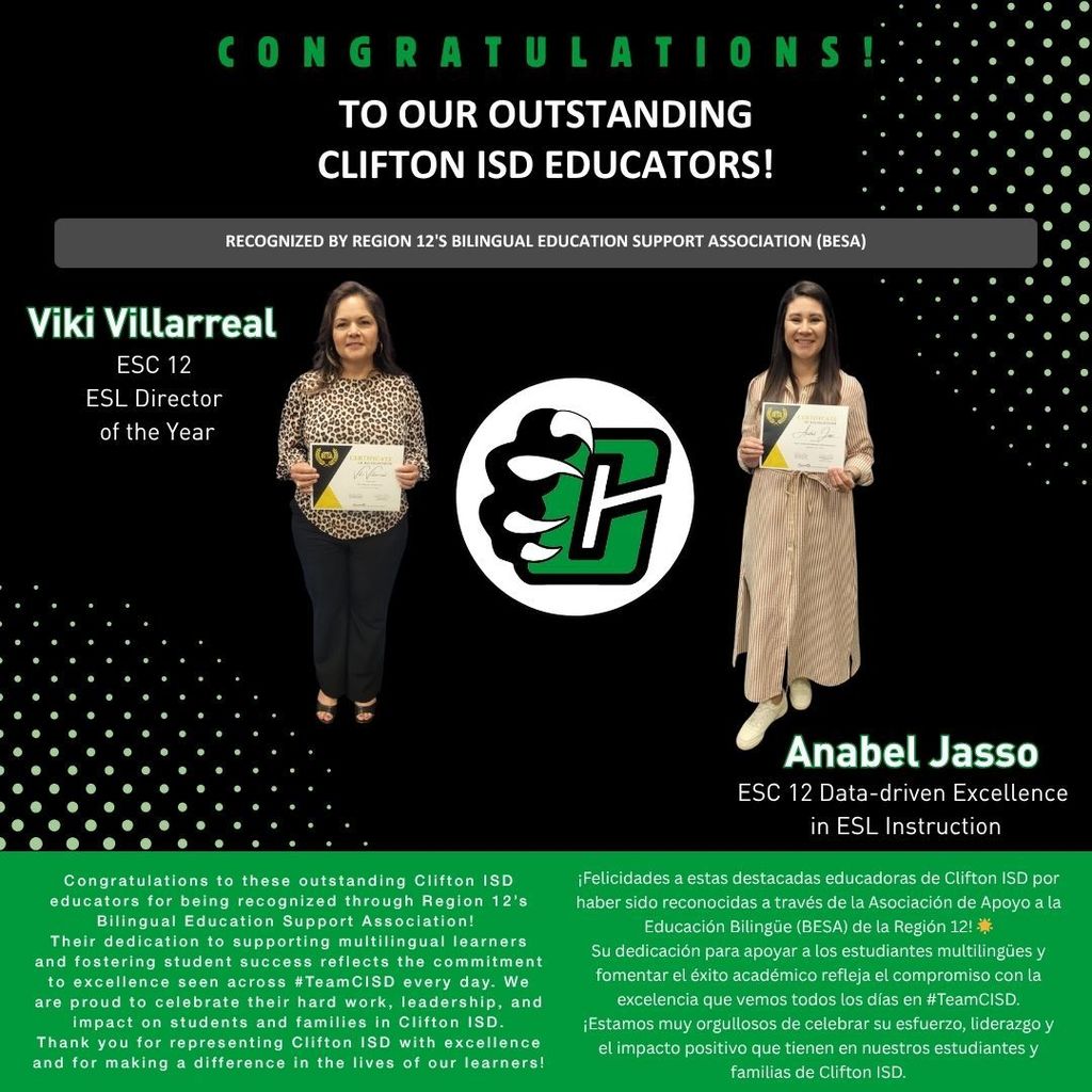 Two Clifton ISD educators stand in front of a Region 12 backdrop holding BESA Certificates of Recognition for their work supporting bilingual and ESL education.