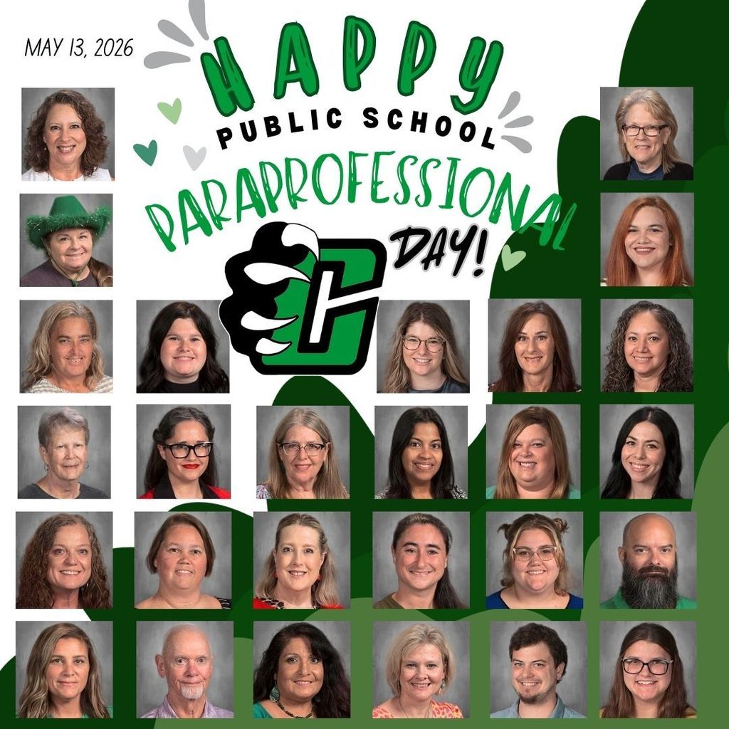 Square Clifton ISD graphic celebrating Public School Paraprofessional Day on May 13, 2026. The design features the Clifton Cubs logo in the center with green, black, gray, and white school colors. Twenty-two staff headshots are arranged around the logo with the message “Happy Public School Paraprofessional Day!” displayed across the top.