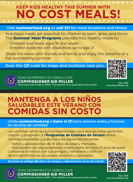 Bilingual summer meals informational flyer in English and Spanish with a yellow and green design. The flyer promotes free summer meals for children and teens ages 18 and younger, along with enrolled students with disabilities up to age 21. It includes information to visit summerfood.org, call 211 for meal locations and times, and scan QR codes for nearby sites. Texas Department of Agriculture and Commissioner Sid Miller logos appear at the bottom of both sections.