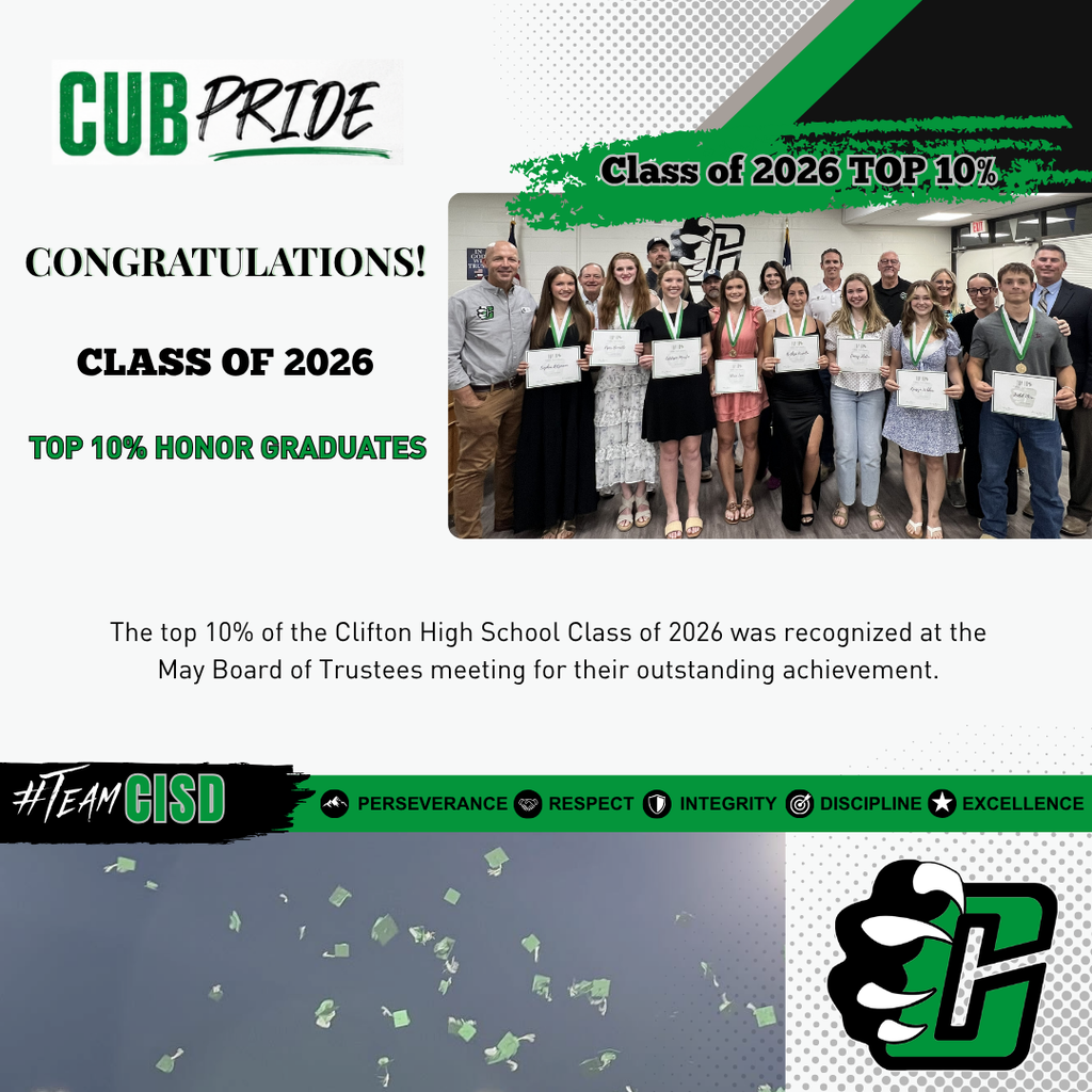 Group photo of Clifton High School Class of 2026 honor graduates recognized during a Clifton ISD Board of Trustees meeting. Students wearing medals hold certificates alongside family members, district administrators and board members inside the board room.