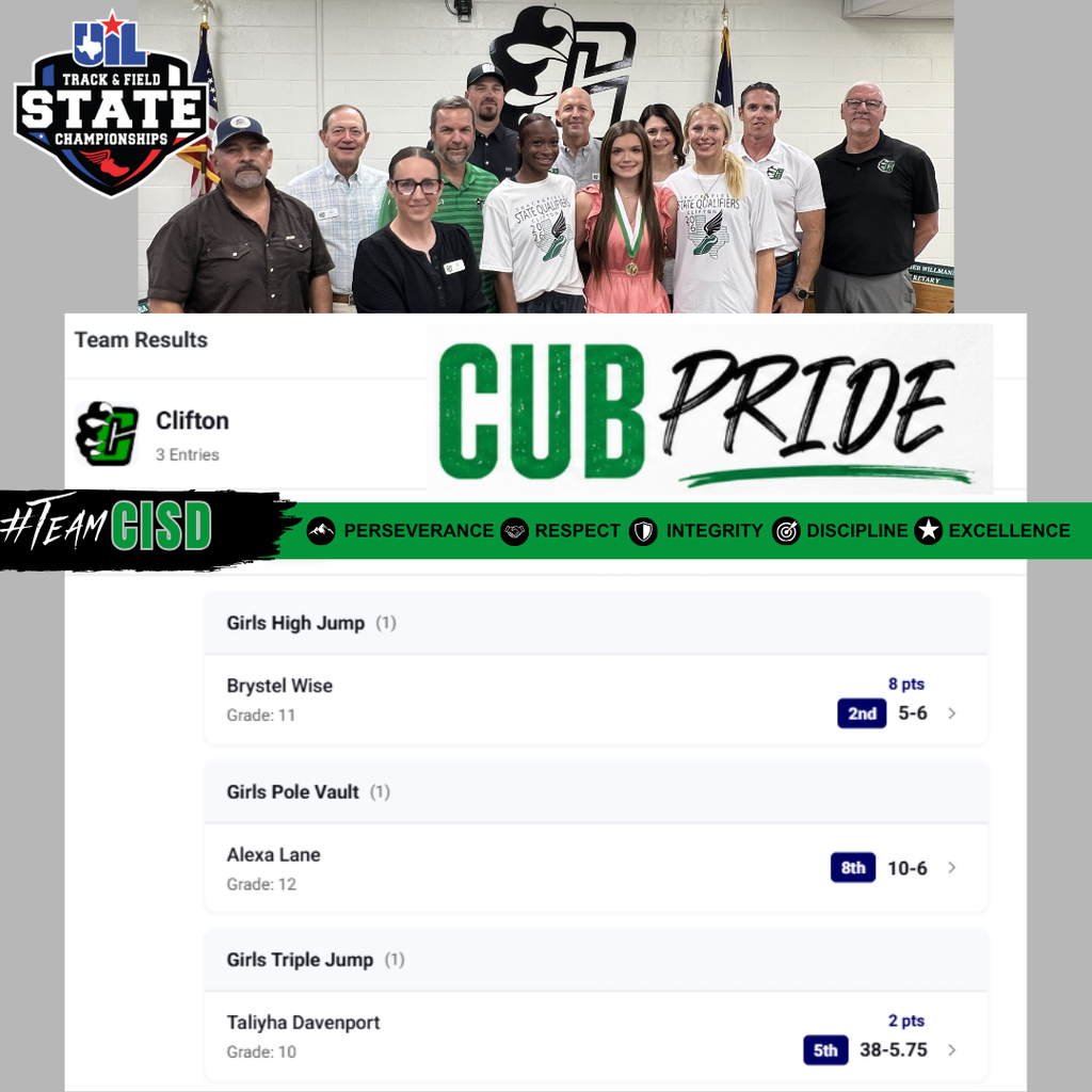 Clifton ISD graphic recognizing Lady Cub UIL State Track & Field qualifiers, featuring a group photo, Cub PRIDE banner and results for Brystel Wise, Alexa Lane and Taliyha Davenport.