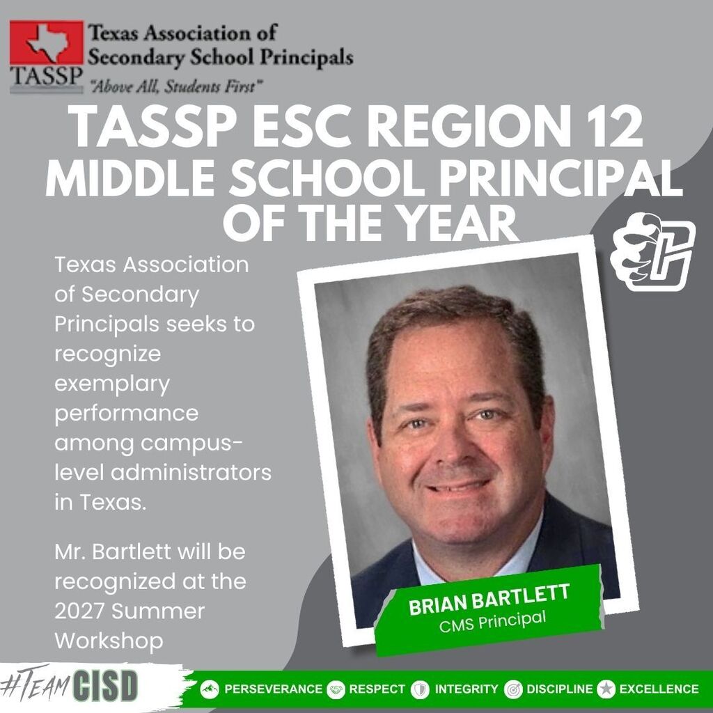 Graphic celebrating Brian Bartlett, Clifton Middle School Principal, for being named the TASSP ESC Region 12 Middle School Principal of the Year. The design features the Texas Association of Secondary School Principals logo, a professional photo of Mr. Bartlett, and text recognizing the award. The graphic notes that he will be recognized at the 2027 TASSP Summer Workshop. Clifton Middle School and Team CISD branding appear throughout the design, along with the district's PRIDE values: Perseverance, Respect, Integrity, Discipline and Excellence.