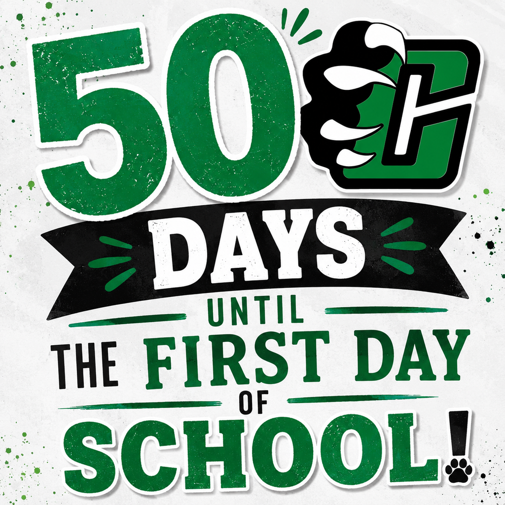 Square Clifton ISD back-to-school countdown graphic featuring large green numbers "50" beside the Clifton High School Cub logo. Bold black and white text reads, "50 Days Until the First Day of School!" on a white textured background with green paint splatter accents. The design uses Clifton ISD colors of kelly green, black, and white and includes a small paw print at the bottom, creating an energetic and school-spirited countdown to the start of the 2026–2027 school year.