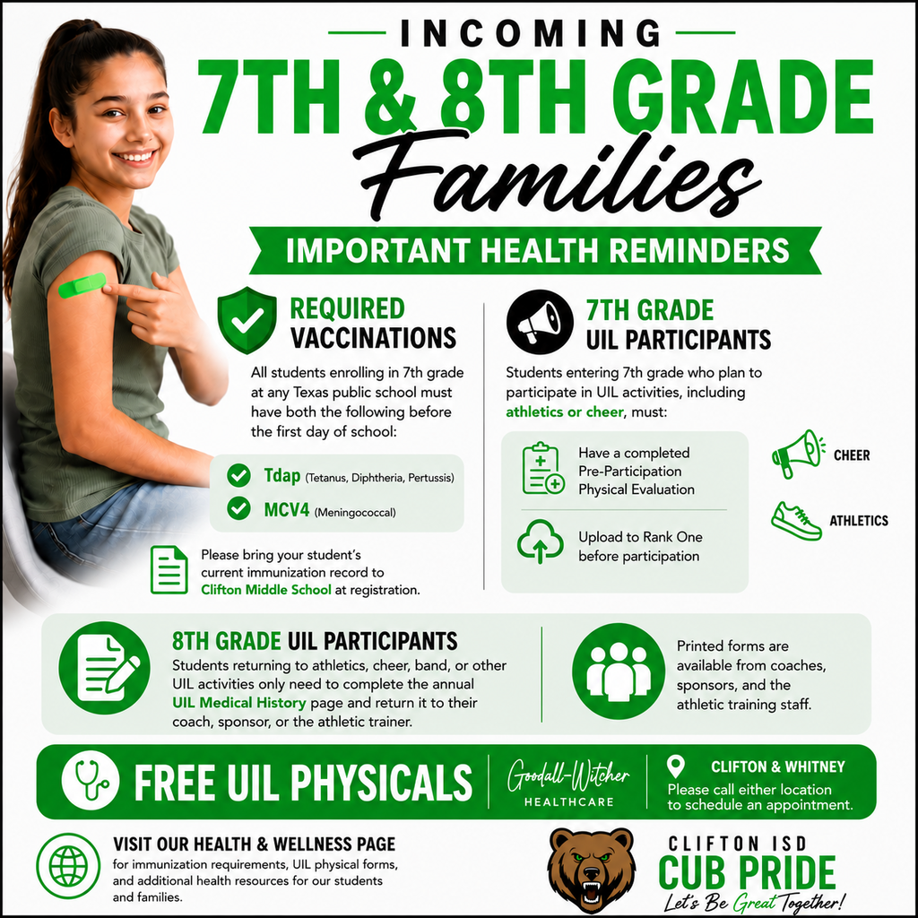 A Clifton ISD informational graphic titled "Incoming 7th & 8th Grade Families – Important Health Reminders." The graphic features a smiling middle school-aged student pointing to a green bandage on her upper arm after receiving a vaccination. The left section explains that incoming seventh-grade students must have current Tdap and MCV4 (meningococcal) immunizations before the first day of school and reminds families to submit immunization records to Clifton Middle School during registration. The right section reminds incoming seventh-grade students participating in athletics or cheer that a completed UIL Pre-Participation Physical Evaluation must be uploaded to Rank One before participation. A lower section reminds incoming eighth-grade UIL participants that they only need to complete the annual UIL Medical History page and return it to their coach, sponsor, or athletic trainer. A green banner highlights that Goodall-Witcher Healthcare offers free UIL physicals by appointment at its Clifton and Whitney clinics. The bottom encourages families to visit Clifton ISD's Health & Wellness webpage for immunization requirements, UIL forms, and additional student health resources and includes the Clifton ISD Cub Pride logo and district branding.