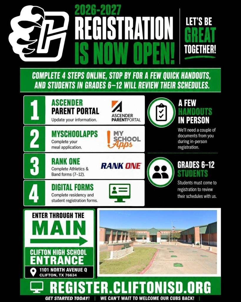 Graphic promoting Clifton ISD's 2026–2027 student registration. Headline reads, "Registration is Now Open!" Families are instructed to complete four required online steps before coming to campus: (1) Ascender Parent Portal to update student information, (2) MySchoolApps to complete the school meal application, (3) Rank One for athletics grades 7–12 and band grades 9–12 forms, and (4) Digital Forms for residency and student registration. Additional reminders state that a few paper handouts must be completed in person, students entering grades 6–12 must attend with a parent or legal guardian to review class schedules, and families should enter through the Clifton High School Main Entrance at 1101 North Avenue Q, Clifton, Texas 76634. A photo of the Clifton High School main entrance is displayed. The graphic includes the registration website, register.cliftonisd.org, and the Clifton ISD slogan, "Let's Be Great Together!"