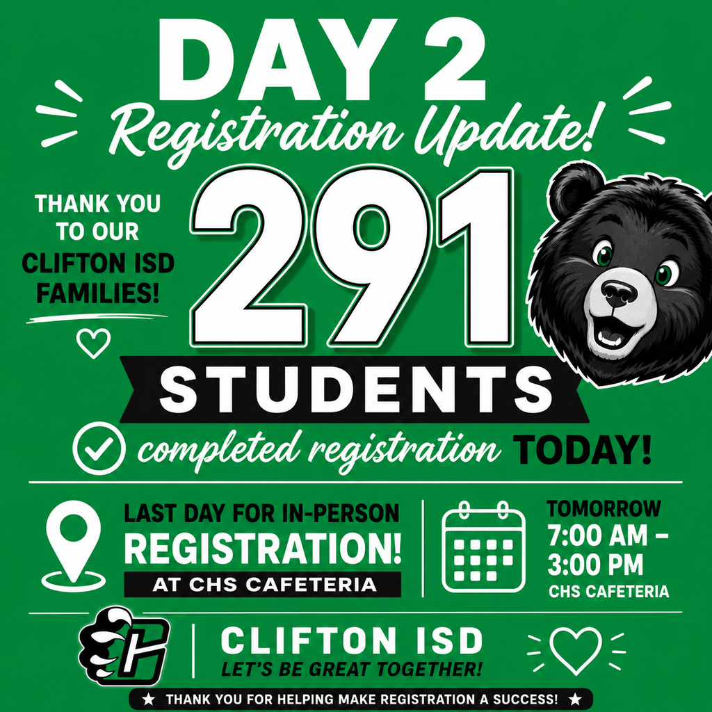 Square Clifton ISD registration update graphic with a solid Kelly green background. Large white text at the top reads, "Day 2 Registration Update!" The center of the graphic highlights "291 Students completed registration today!" in bold white and black lettering. A smiling bear mascot appears on the right side. Below, a reminder states, "Last Day for In-Person Registration!" followed by "Tomorrow, 7:00 a.m.–3:00 p.m., CHS Cafeteria." A second reminder encourages families who have not yet registered to attend during the final registration day. The bottom of the graphic features the Clifton ISD logo and the district slogan, "Let's Be Great Together!" The design uses high-contrast Kelly green, white, and black colors with simple icons for a calendar and location pin to emphasize registration information.