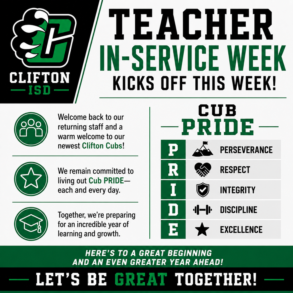 Clifton ISD graphic announcing the start of Teacher In-Service Week. A black, white, gray and Kelly green design features the Clifton ISD logo in the upper left with the headline, "Teacher In-Service Week Kicks Off This Week!" The left side welcomes back returning staff and new Clifton Cubs, reaffirms the district's commitment to living out Cub PRIDE each day and highlights preparation for a successful year of learning and growth. The right side showcases the Clifton ISD Cub PRIDE core values: Perseverance, Respect, Integrity, Discipline and Excellence, each paired with a corresponding icon. A green banner across the bottom reads, "Here's to a great beginning and an even greater year ahead!" followed by the closing message, "Let's Be Great Together!" in bold lettering.