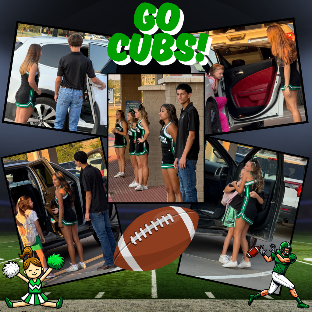 Football themed graphic with pictures of high school football players and cheerleaders helping elementary students out at car drop off with the words Go Cubs across the top.