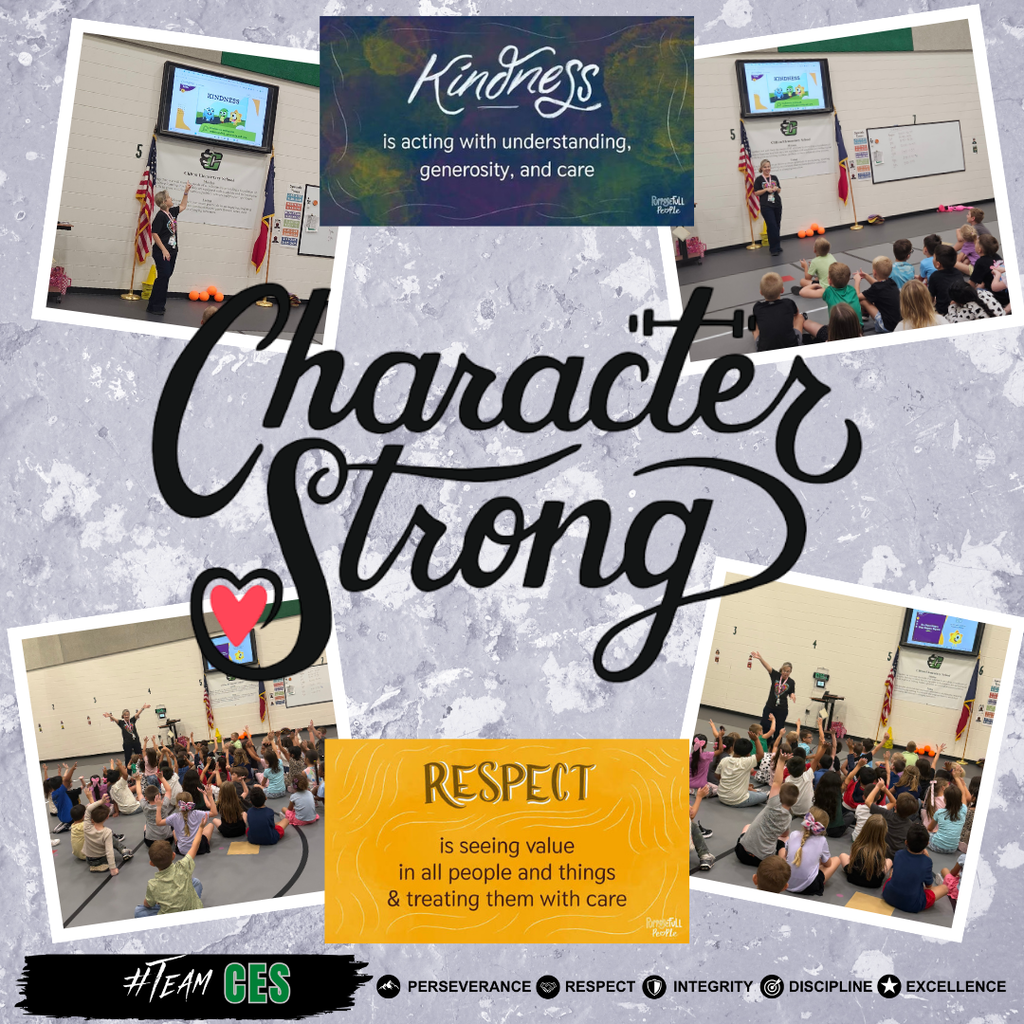 Gray graphic with Character Strong logo and pictures of counselor presenting lesson. Kindness graphic- Kindness is acting with understanding, generosity, and care. Respect graphic- Respect is seeing value in all people and things & treating them with care.