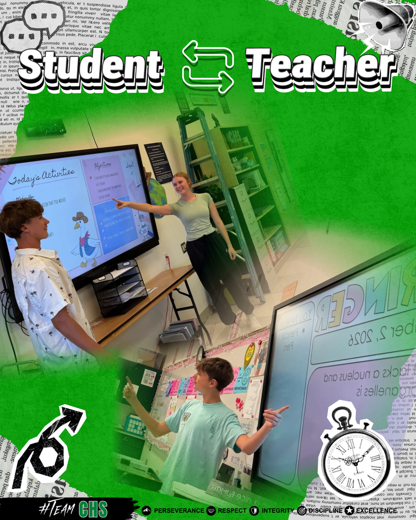 A student and teacher stand in a classroom beside interactive displays, highlighting a “Student ↔ Teacher” exchange. The graphic has a bright green collage-style background with classroom photos, newspaper textures, arrows, and school-themed illustrations.
