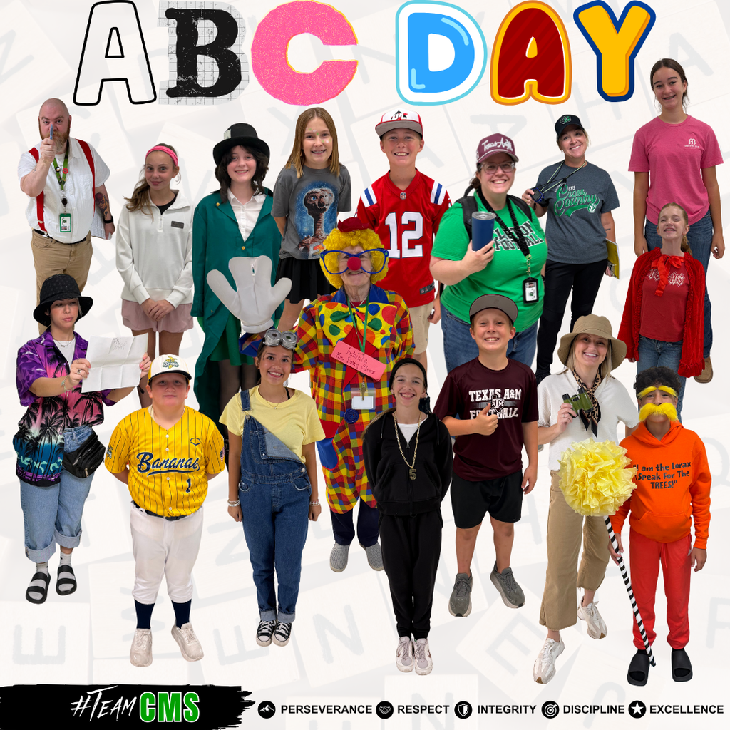 English Alt Text A group of CMS students and staff pose for a photo during the ABC Day Pep Rally. Participants are dressed in creative costumes representing something that starts with the first letter of their first name, including a rancher, tourist, Minion, baseball player, clown, and the Lorax. Colorful “ABC DAY” letters appear across the top, with #TeamCMS and the school’s values—Perseverance, Respect, Integrity, Discipline, and Excellence—along the bottom. Texto alternativo en español Un grupo de estudiantes y miembros del personal de CMS posa para una foto durante el Pep Rally del Día ABC. Los participantes llevan disfraces creativos que representan algo que comienza con la primera letra de su nombre, incluyendo un ranchero, turista, Minion, jugador de béisbol, payaso y el Lorax. Las letras coloridas “ABC DAY” aparecen en la parte superior, mientras que #TeamCMS y los valores de la escuela—Perseverancia, Respeto, Integridad, Disciplina y Excelencia—aparecen en la parte inferior.