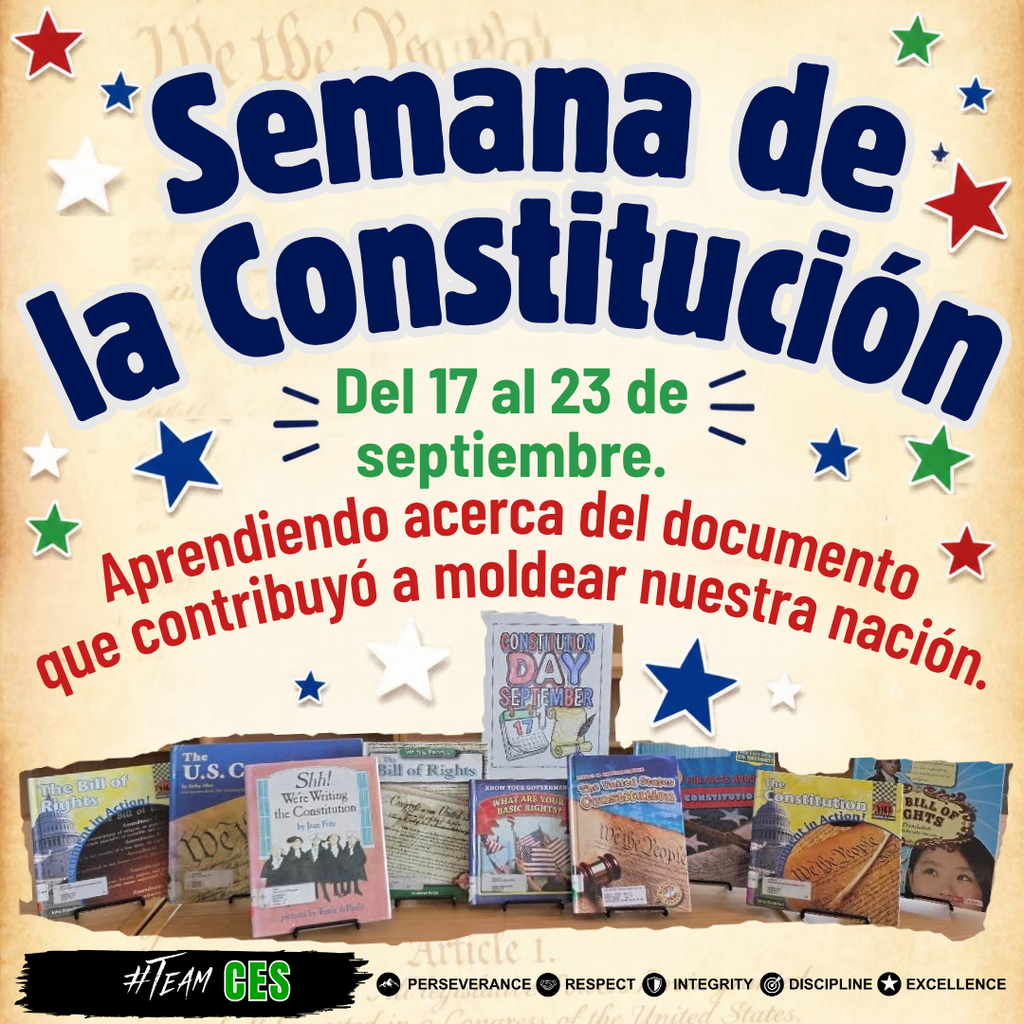 Gráfico de la Semana de la Constitución de Clifton Elementary con elementos patrióticos en rojo, blanco y azul y una foto de la exhibición de libros sobre la Constitución en la biblioteca escolar. La exhibición incluye libros seleccionados por la bibliotecaria para ayudar a los estudiantes a aprender sobre la Constitución de los Estados Unidos y el gobierno estadounidense.