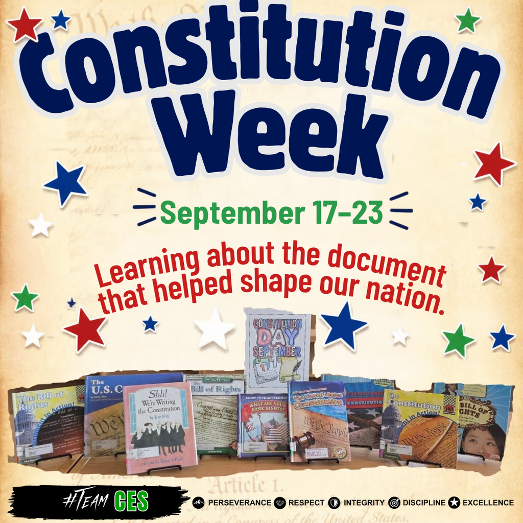 Constitution Week graphic from Clifton Elementary featuring patriotic red, white, and blue elements and a photo of the school library’s Constitution-themed book display. The display features books selected by the librarian to help students learn about the U.S. Constitution and American government.