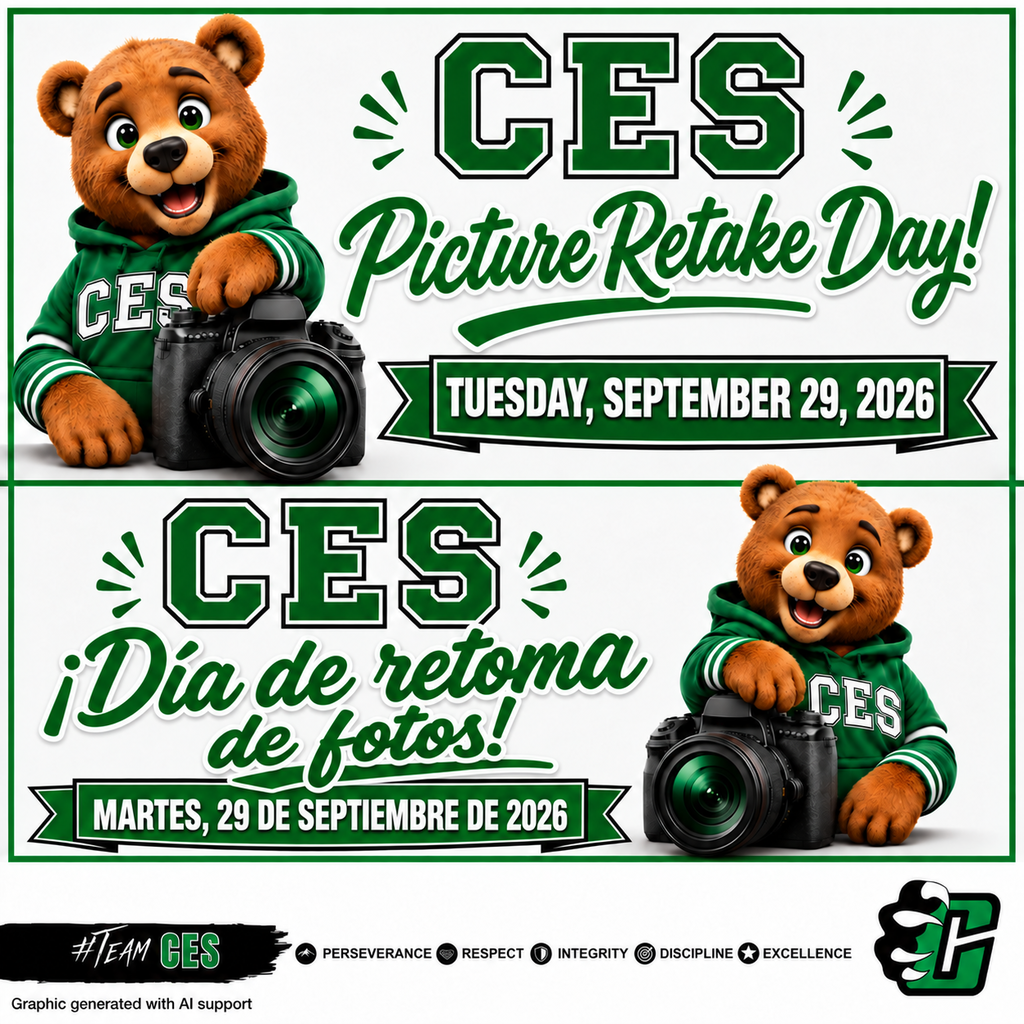 Clifton Elementary School Picture Retake Day flyer featuring two bear cubs with cameras. English and Spanish text announce Tuesday, September 29, 2026.