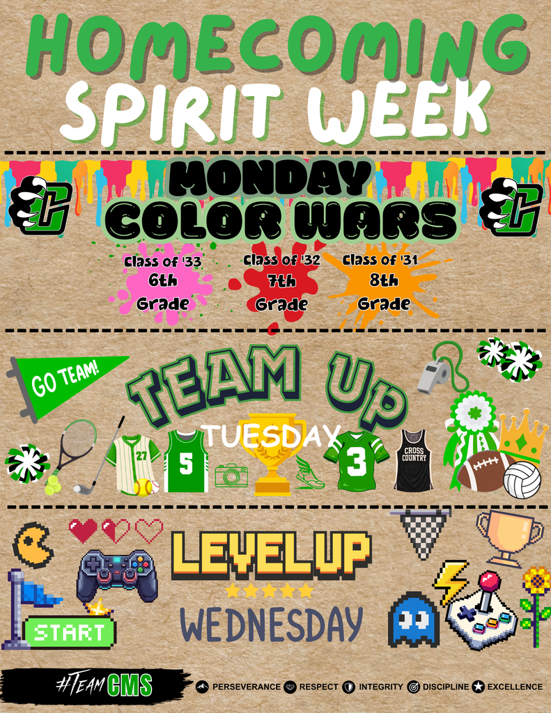 Homecoming Spirit Week graphic for October 5–9. The graphic features a green, white, and black Cub theme with the headline “Homecoming: It’s Game Time!” and the following dress-up days: Monday: Color Wars — wear your grade-level color. Pre-K: pink; Kindergarten: red; 1st: orange; 2nd: yellow; 3rd: blue; 4th: purple; 5th: black; 6th: pink; 7th: red; 8th: orange; freshmen: yellow; sophomores: blue; juniors: purple; seniors: white. Tuesday: Team Up Tuesday — wear a team or sports jersey. Wednesday: Level Up Wednesday — dress as a game, including a board game, video game, sport, or card game. Thursday: Replay Thursday — throw it back and dress from your favorite decade. Friday: Cub Superfan — show your Cub Pride by wearing green. The graphic ends with “Go Cubs!” and includes CMS/Cub-themed sports illustrations.