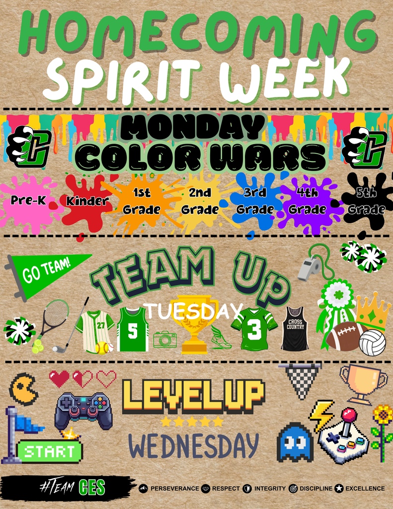 Homecoming Spirit Week graphic for October 5–9. The graphic features a green, white, and black Cub theme with the headline “Homecoming: It’s Game Time!” and the following dress-up days:  Monday: Color Wars — wear your grade-level color. Pre-K: pink; Kindergarten: red; 1st: orange; 2nd: yellow; 3rd: blue; 4th: purple; 5th: black; 6th: pink; 7th: red; 8th: orange; freshmen: yellow; sophomores: blue; juniors: purple; seniors: white.  Tuesday: Team Up Tuesday — wear a team or sports jersey.  Wednesday: Level Up Wednesday — dress as a game, including a board game, video game, sport, or card game.  Thursday: Replay Thursday — throw it back and dress from your favorite decade.  Friday: Cub Superfan — show your Cub Pride by wearing green.  The graphic ends with “Go Cubs!” and includes CMS/Cub-themed sports illustrations.