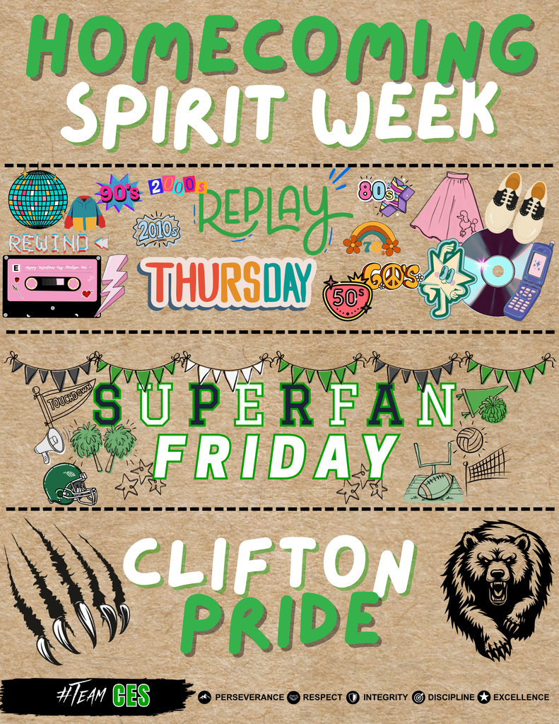 Homecoming Spirit Week graphic for October 5–9. The graphic features a green, white, and black Cub theme with the headline “Homecoming: It’s Game Time!” and the following dress-up days:  Monday: Color Wars — wear your grade-level color. Pre-K: pink; Kindergarten: red; 1st: orange; 2nd: yellow; 3rd: blue; 4th: purple; 5th: black; 6th: pink; 7th: red; 8th: orange; freshmen: yellow; sophomores: blue; juniors: purple; seniors: white.  Tuesday: Team Up Tuesday — wear a team or sports jersey.  Wednesday: Level Up Wednesday — dress as a game, including a board game, video game, sport, or card game.  Thursday: Replay Thursday — throw it back and dress from your favorite decade.  Friday: Cub Superfan — show your Cub Pride by wearing green.  The graphic ends with “Go Cubs!” and includes CMS/Cub-themed sports illustrations.