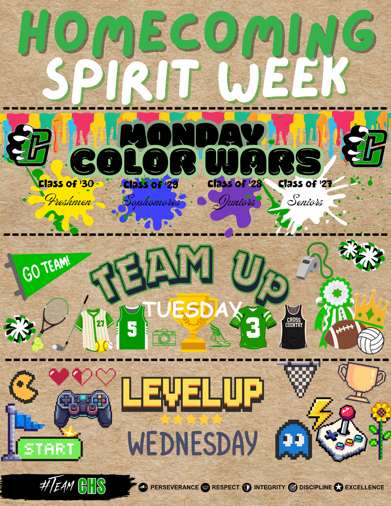 Homecoming Spirit Week graphic for October 5–9. The graphic features a green, white, and black Cub theme with the headline “Homecoming: It’s Game Time!” and the following dress-up days: Monday: Color Wars — wear your grade-level color. Pre-K: pink; Kindergarten: red; 1st: orange; 2nd: yellow; 3rd: blue; 4th: purple; 5th: black; 6th: pink; 7th: red; 8th: orange; freshmen: yellow; sophomores: blue; juniors: purple; seniors: white. Tuesday: Team Up Tuesday — wear a team or sports jersey. Wednesday: Level Up Wednesday — dress as a game, including a board game, video game, sport, or card game. Thursday: Replay Thursday — throw it back and dress from your favorite decade. Friday: Cub Superfan — show your Cub Pride by wearing green. The graphic ends with “Go Cubs!” and includes CMS/Cub-themed sports illustrations.