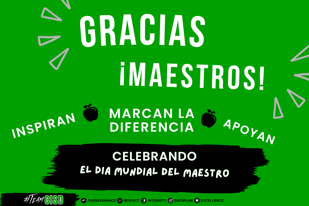 “Green and black Clifton ISD World Teachers’ Day graphic in Spanish thanking teachers for inspiring students, making a difference and providing support. The graphic features #TeamCISD and the district PRIDE values.”
