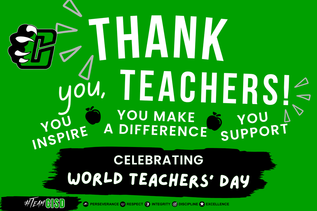 “Green and black Clifton ISD World Teachers’ Day graphic thanking teachers for inspiring students, making a difference and providing support. The graphic features the Clifton Cubs paw logo, #TeamCISD and the district PRIDE values.”