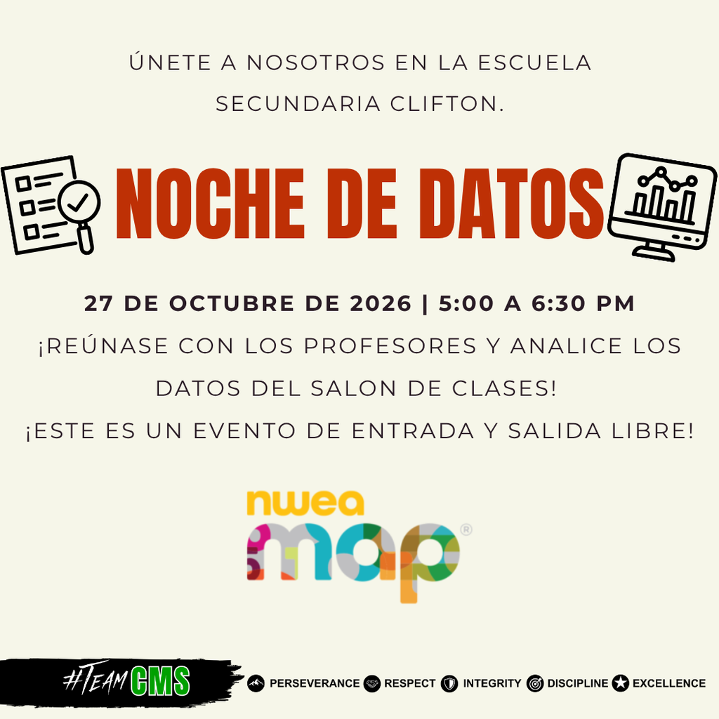 Gráfico de la Noche de Datos de Clifton Middle School. El evento se llevará a cabo el martes 27 de octubre de 2026, de 5:00 a 6:30 p. m. Es un evento de entrada y salida libre para que los padres y tutores se reúnan con los maestros y hablen sobre los datos y el progreso académico de sus estudiantes. El gráfico incluye el logotipo de NWEA MAP, íconos relacionados con datos y el logotipo de #TeamCMS, junto con los cinco valores de la escuela: Perseverancia, Respeto, Integridad, Disciplina y Excelencia.