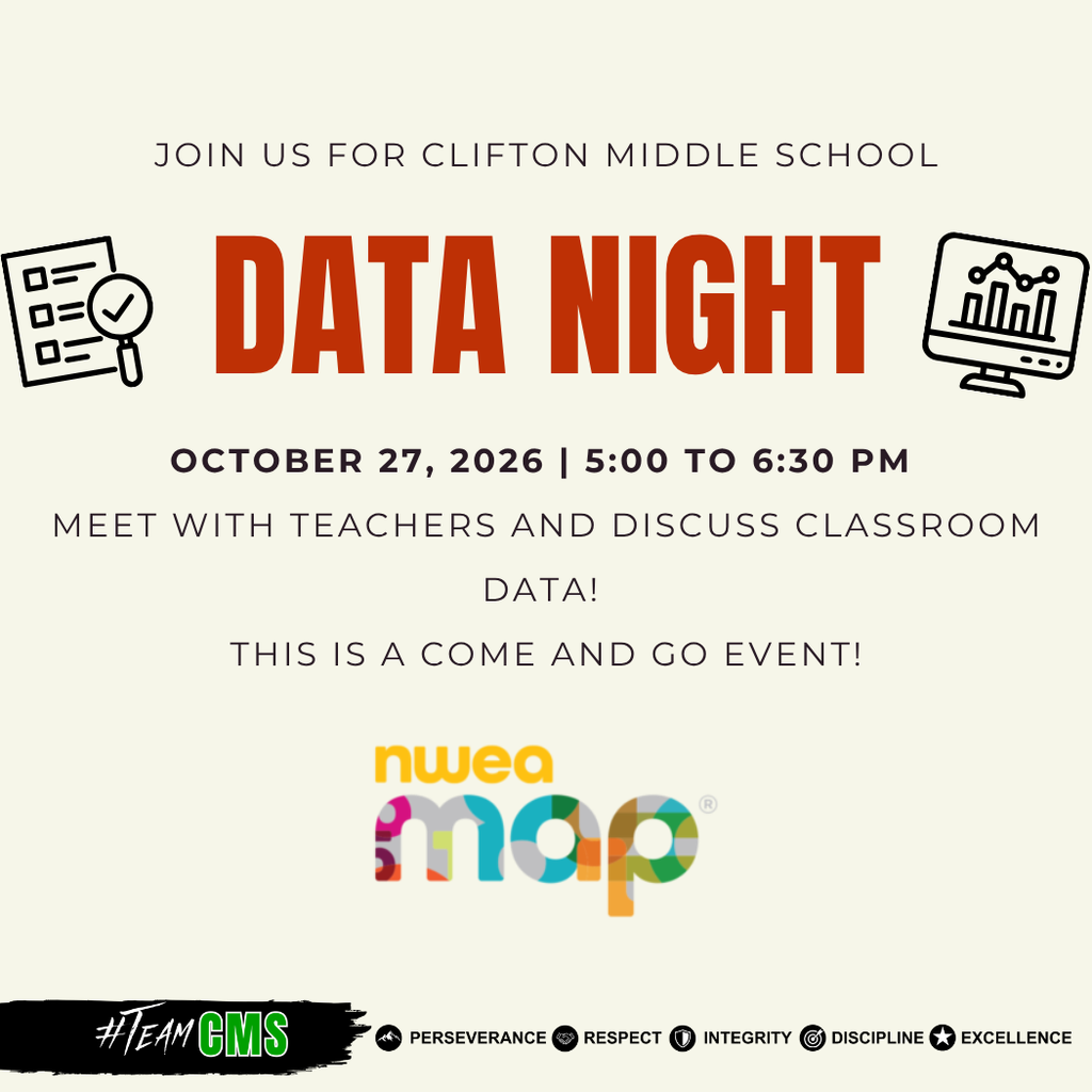 Graphic for Clifton Middle School Data Night. The event will be held Tuesday, October 27, 2026, from 5:00–6:30 PM. The event is a come-and-go opportunity for parents and guardians to meet with teachers and discuss classroom data. The graphic features the NWEA MAP logo, data-themed icons, and the #TeamCMS logo with the school’s five values: Perseverance, Respect, Integrity, Discipline, and Excellence.