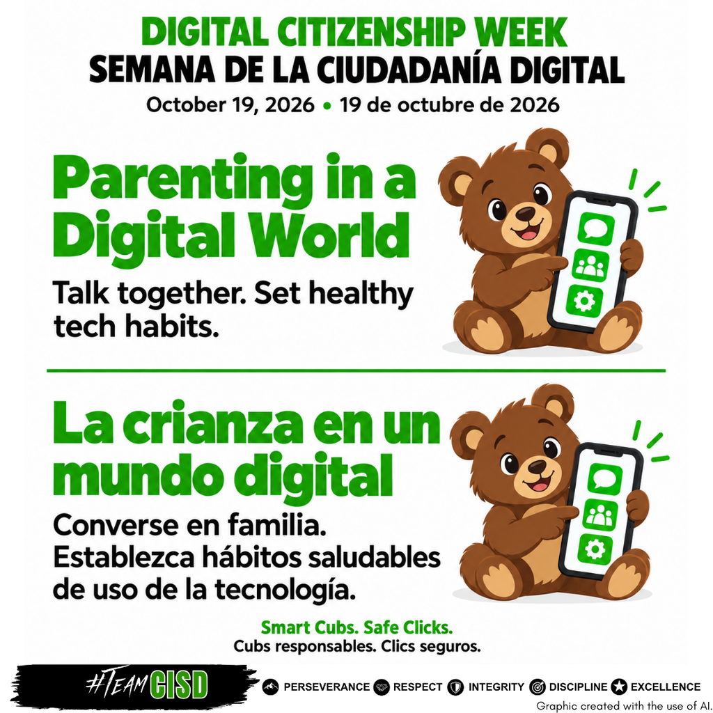 English and Spanish graphic for Digital Citizenship Week, October 19, 2026. Cartoon bear cubs hold smartphones beside the message: “Parenting in a Digital World. Talk together. Set healthy tech habits.” Footer reads “Smart Cubs. Safe Clicks.”