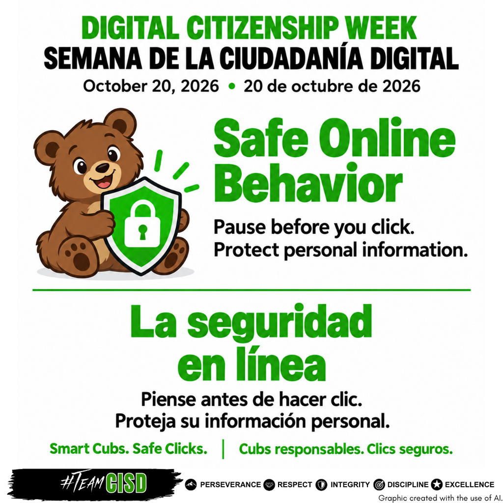 English and Spanish graphic for Digital Citizenship Week, October 20, 2026. A cartoon bear cub holds a green shield with a padlock. Text reads: “Safe Online Behavior. Pause before you click. Protect personal information.” Footer reads “Smart Cubs. Safe Clicks.”