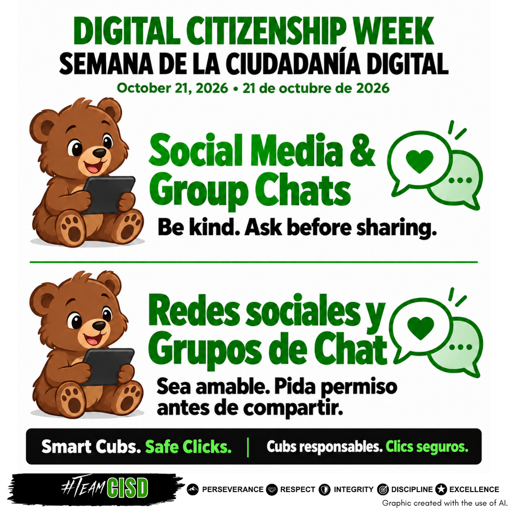 English and Spanish graphic for Digital Citizenship Week, October 21, 2026. Cartoon bear cubs hold tablets beside speech bubbles with hearts. Text reads: “Social Media & Group Chats. Be kind. Ask before sharing.” Spanish heading reads “Redes sociales y Grupos de Chat.” Footer reads “Smart Cubs. Safe Clicks.”