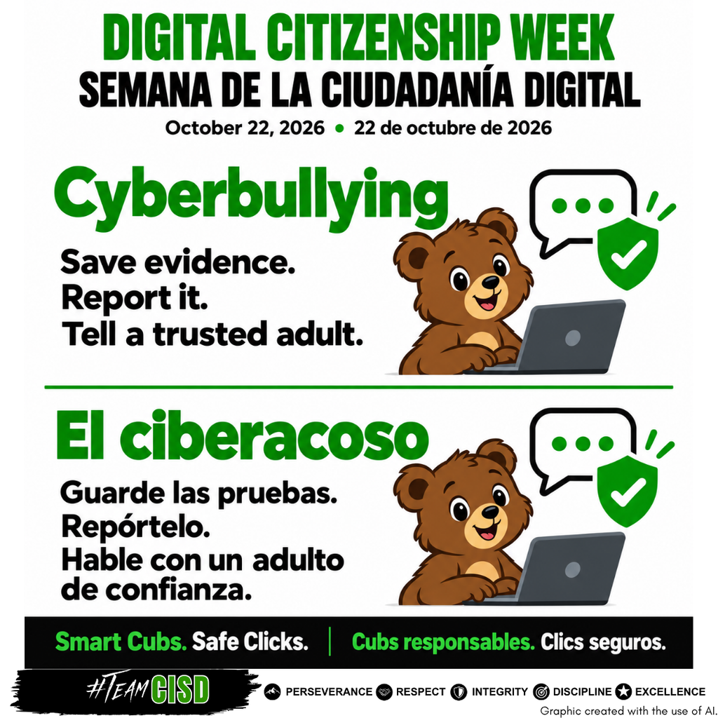 English and Spanish graphic for Digital Citizenship Week, October 22, 2026. Cartoon bear cubs use laptops beside speech bubbles and protective shields. Text reads: “Cyberbullying. Save evidence. Report it. Tell a trusted adult.” Footer reads “Smart Cubs. Safe Clicks.”