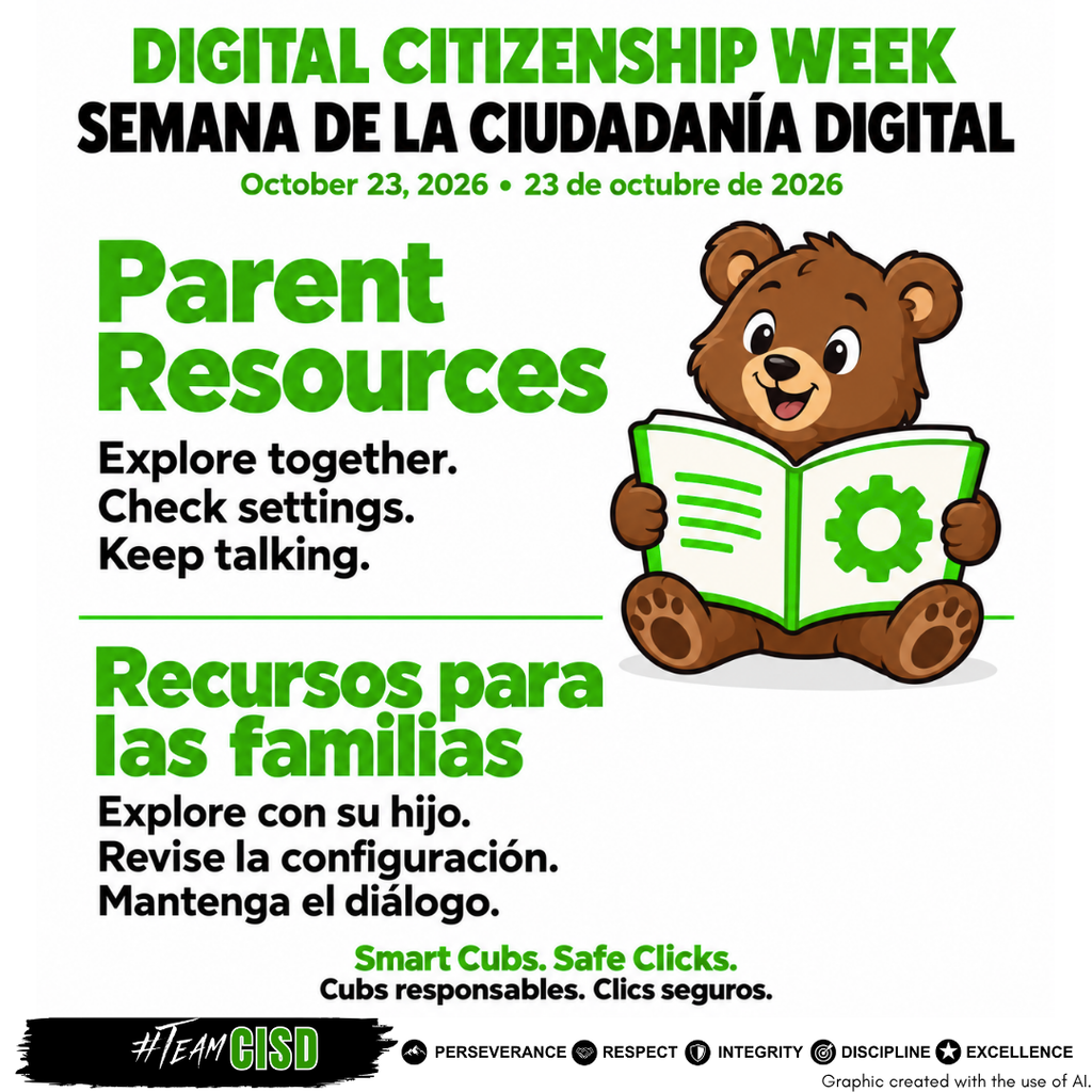 English and Spanish graphic for Digital Citizenship Week, October 23, 2026. A cartoon bear cub holds an open guidebook with a gear symbol. Text reads: “Parent Resources. Explore together. Check settings. Keep talking.” Footer reads “Smart Cubs. Safe Clicks.”
