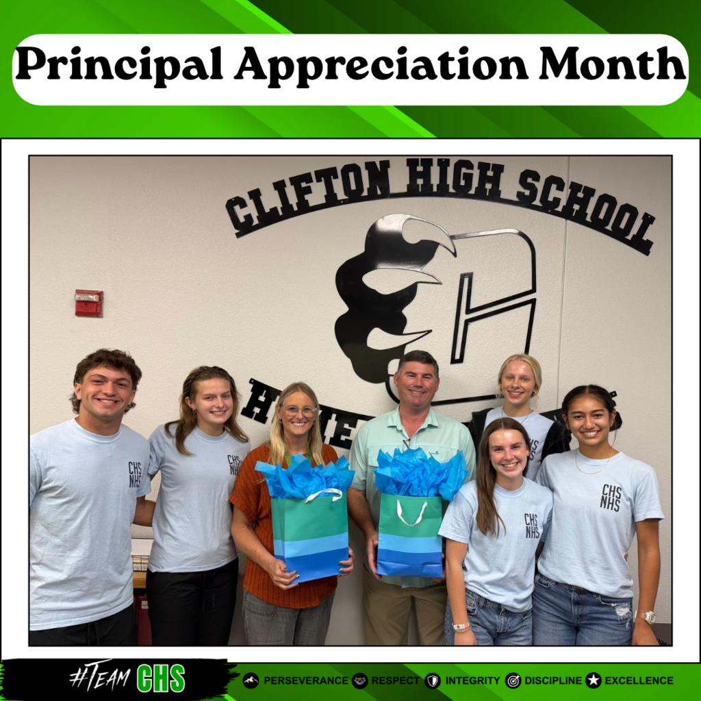 A graphic for Principal Appreciation Month features a group photo of Clifton High School National Honor Society students smiling alongside Principal Mr. Jackson and Assistant Principal Mrs. Lewis. Six students wearing matching light blue "CHS NHS" t-shirts surround the two administrators. Mrs. Lewis and Mr. Jackson stand in the center holding matching striped blue and teal gift bags filled with blue tissue paper. They are gathered indoors in front of a white wall displaying a large black "Clifton High School" logo with a bear claw graphic. The photo is bordered by a green header reading "Principal Appreciation Month" and a black footer containing the text "#TEAM CHS" next to five core school values: Perseverance, Respect, Integrity, Discipline, and Excellence.