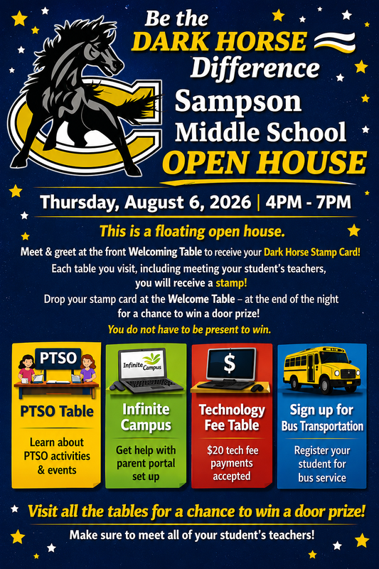 Sampson Middle School Open House August 6, 2026 4-7 pm
