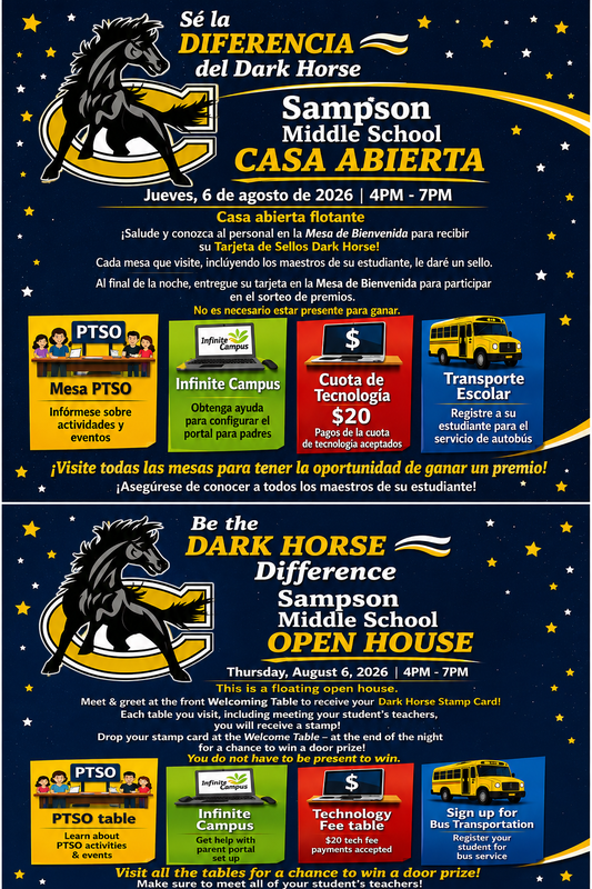 Jornada de puertas abiertas de Sampson Middle School: 6 de agosto de 2026, de 4:00 p. m. a 7:00 p. m.