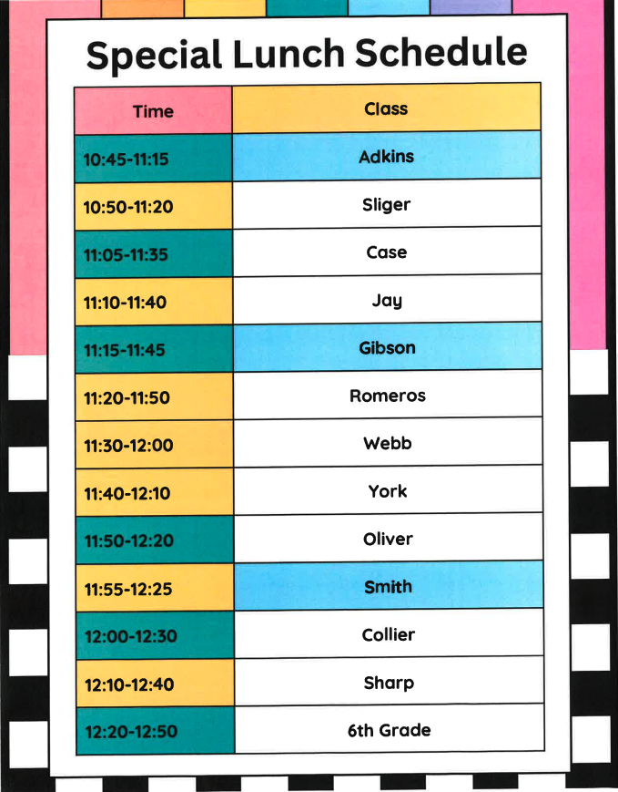 SCES Special Lunch Schedule