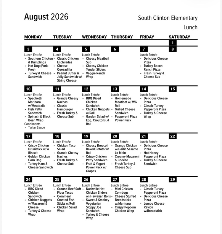 August lunch menu 