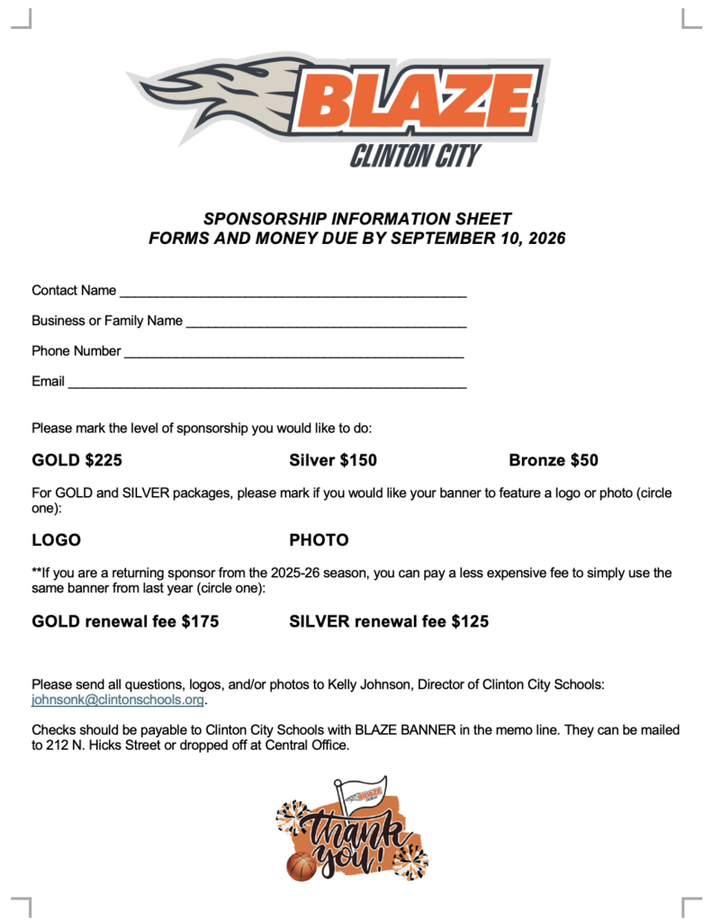 order form for a Blaze banner to hang in the gym for 2026-27.