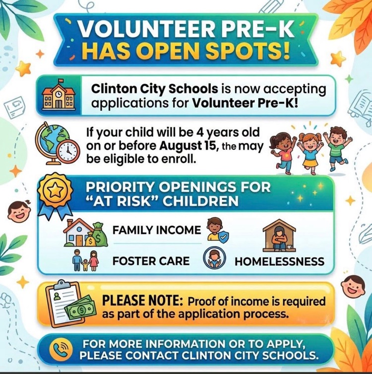 CCS has a few Pre-K spots available. Apply at Central Office