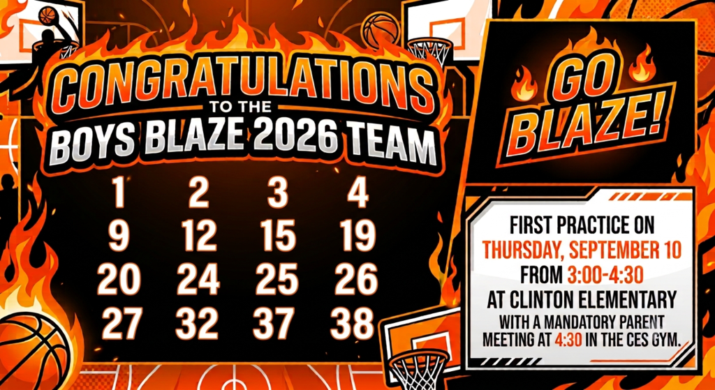 Boys Blaze Team members listed with first practice on September 10 with parent meeting at 4:30