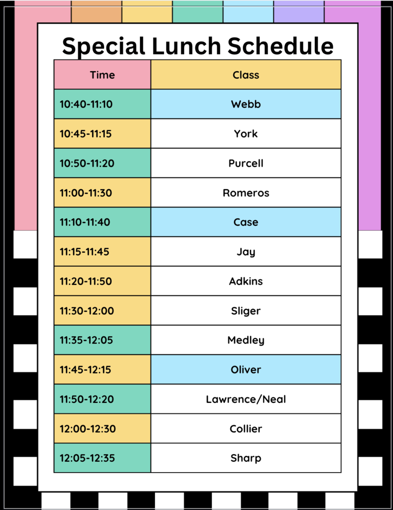 Lunch Schedule For Special Lunch Days