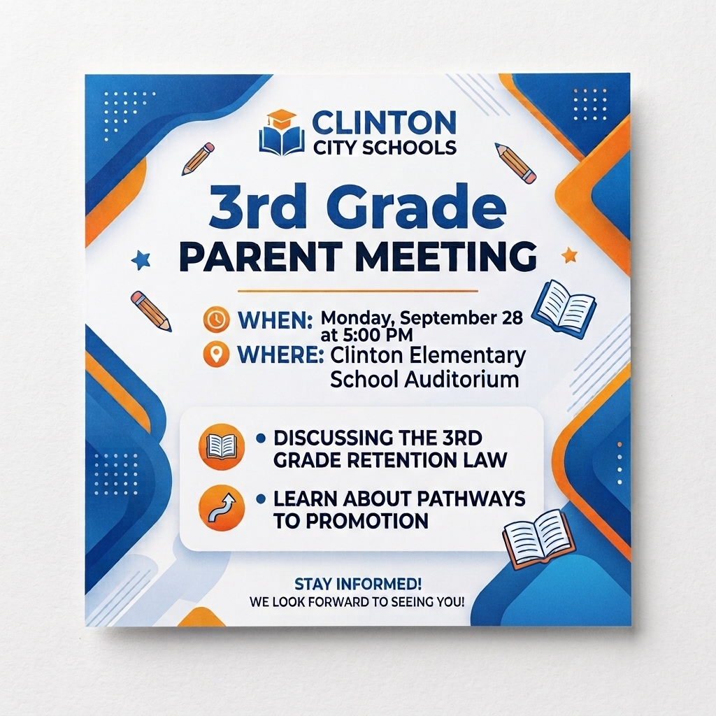 3rd Grade Parent Meeting on Monday, September 28 to discuss pathways to promotion. Meeting will be in CES Auditorium.